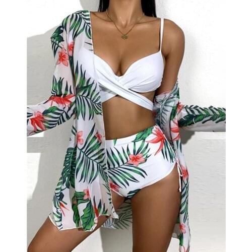 50% Hot Sales!!!Women Swimsuit Set Floral Leaf Print Padded Bandage Bra High Waist Briefs Cargidan Swimwear for Summer