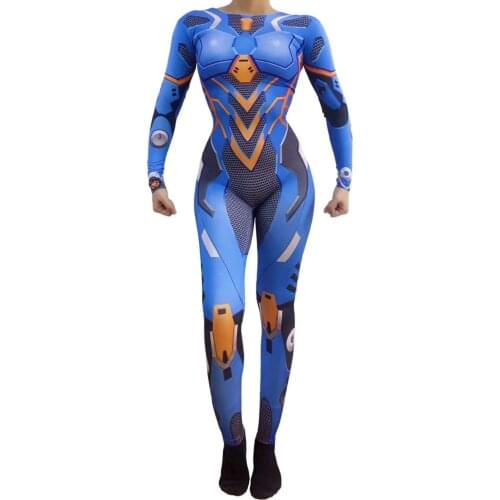 Robots Cosplay Costume Women Halloween Masquerade Costume Novelty Blue Machine Printed Jumpsuit Party Outfit