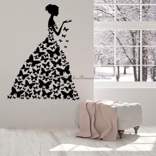 Fashion girl wall stickers flying dancing butterfly dress wedding dress shop window home bedroom door decoration vinyl decals 18