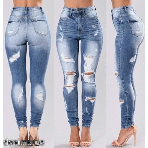 2021 New Ripped Jeans Womens Tight-fitting Stretch Sexy Womens Pants Spring and Summer Fashion High-waisted Small-leg Jeans