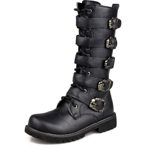 New Fashion Black Knee High men boots Personalized motorcycle boots Plus Size 38-45