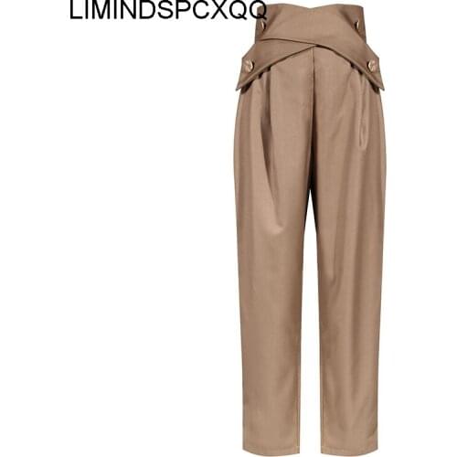 Pantalon Pour Femme Casual Irregular Trousers For Women High Waist Lace Up Button Straight Slim Pants Female Autumn Fashion 2021