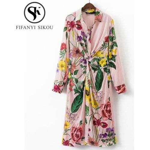 Lapel Long Sleeve Shirt Dress Women Fashion Flower Print Stripe Mid Long Dress Irregular Loose Lady Spring Summer Dress 2020 New