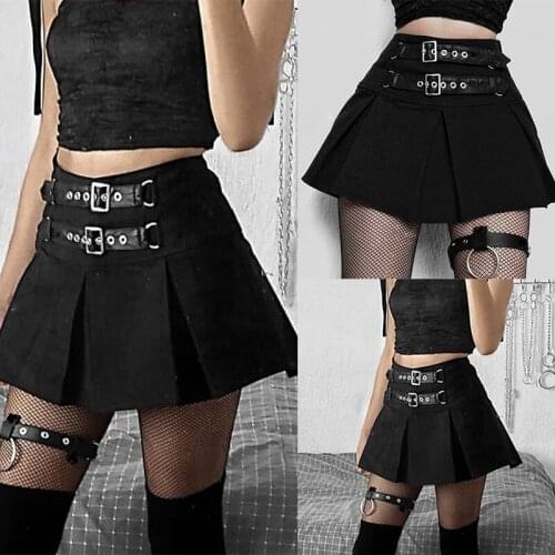 Sexy Gothic Mini Skirts Black Grunge Punk Style Pleated High Waist Women Skirt with Rivet Patchwork Fashion Party Wear