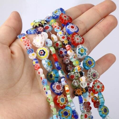 Lampwork Glass Valentines Day Millefiori Beads Heart At Random Color Flower Sweet Loose Spacer Beads DIY Jewelry Gifts,1Strand
