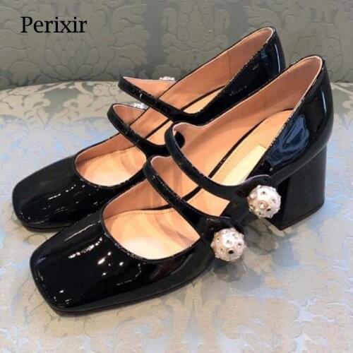 Perixir Design Mary Janes Pumps Square Toe Mid Heel Hook Loop Pearl Handmade Footwear 2021 Spring Sweet Retro Style Lady Shoes
