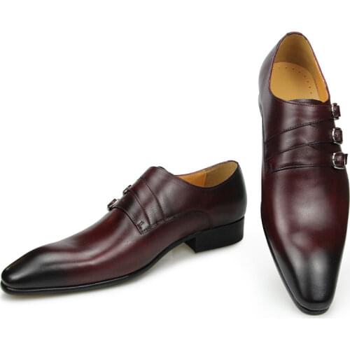 New Men Dress Wedding Slip-On Buckle Strap Shoes Italian Style Designer Loaer Casual Business Genuine Leather Pointed Toe ABS01
