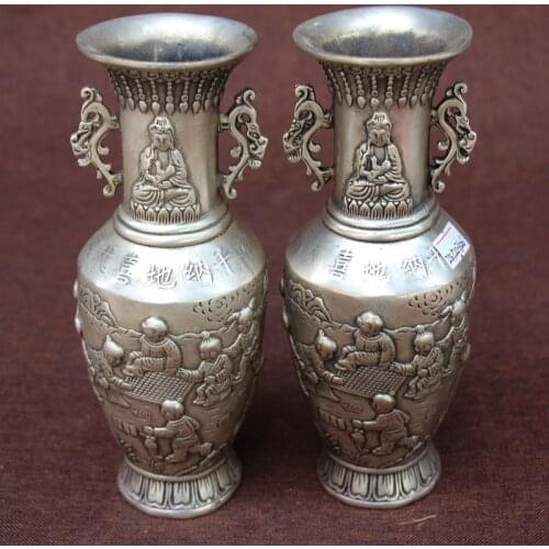 High 19 CM!!! Collectible Chinese Old cupronickel Carved More children Vase /Antique Vases Home decor