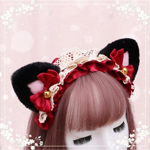 Women Girl Bow Tie Bell Hair band Lolita Lace Headband Cat Ears on The Head Cosplay Anime Party Costume Halloween Accessories