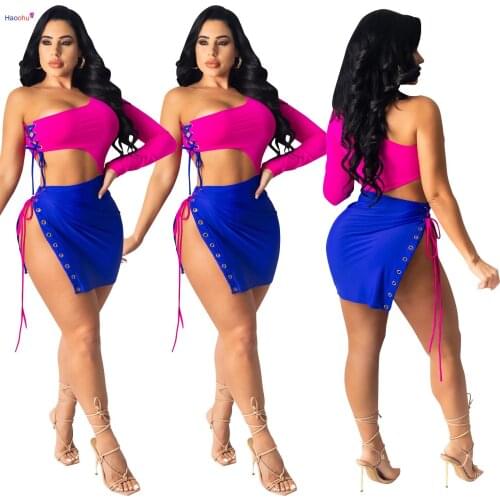 HAOOHU Womens Clothing Hot Sale Womens sexy Sexy Solid Color Strappy Single Sleeve Chest Wrap Short Skirt Suit