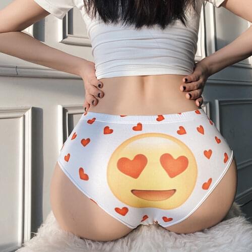 Japanese Cute Expression Printing Girls Panties Stretch Mid Waist Underwear Sexy Breathable Seamless Female Briefs Sex Lingerie