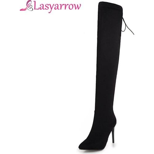 Lasyarrow Womens Thigh High Stiletto Boots Sexy Over the Knee Boots Sexy Women Boots Solid Black Lacing Slim Long Boots Woman