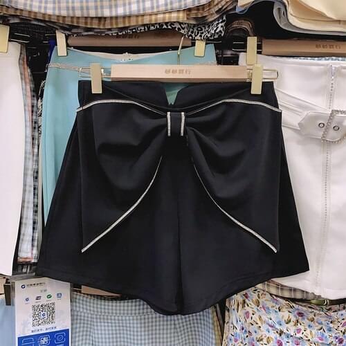 Summer Bow Shorts Women 2021 New Fashion Heavy Industry Rhinestone Three-Dimensional Bow Temperament High Waist Short Femme