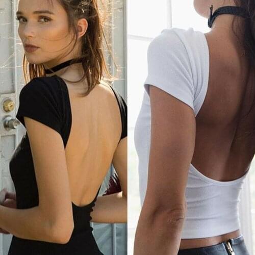 Summer Women Casual Short Sleeve Sexy Backless Top Solid Short Sleeve T-Shirt Ladies Round Neck Stretch Plain Vest