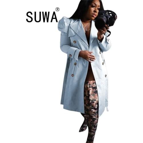 Women Double-breasted Overcoats Autumn Ladys Turn-down Collar Puffy Sleeve Sashes Lace-Up Knee-Length Jackets Wholesale