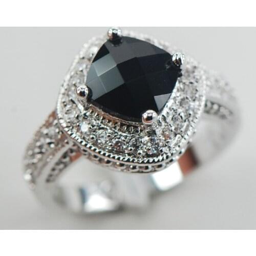 Black Onyx White Crystal Zircon Women 925 Sterling Silver Ring F896 Size 5 6 7 8 9