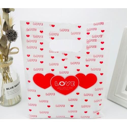 20X25CM 100pcs/Batch White Red Love Plastic Gift Bag Boutique Shelf Shopping Wedding Plastic Gift Bag With Handle