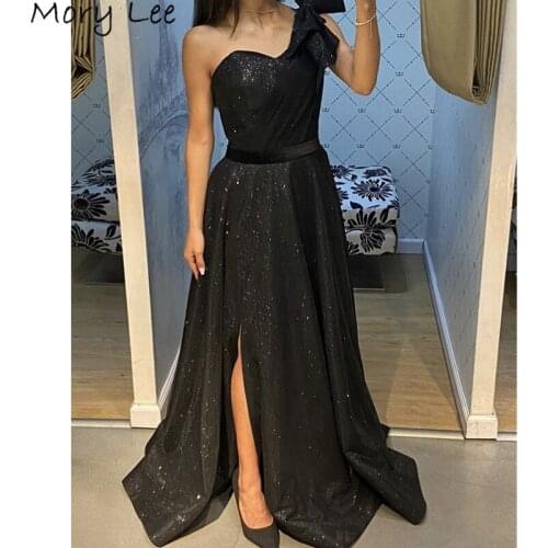 Shining Evening Dresses One Shoulder A-Line Side Slit Tulle Pleated Evening Dresses With Zipper vestidos de fiesta de noche