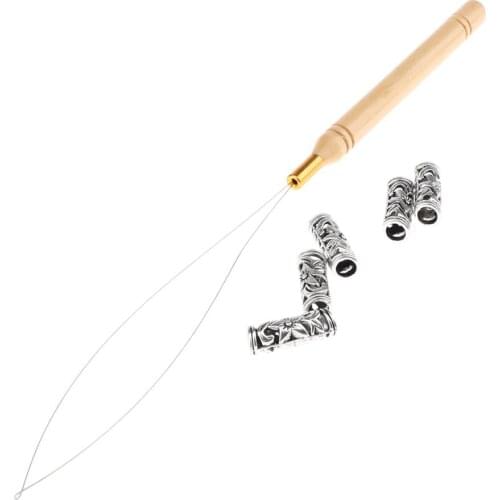 5Pcs Decorative Dreadlocks Braiding Beads+Wire Pulling Hook Tool Micro Rings Loop Tool Threader Pulling Needle for Hair Beads