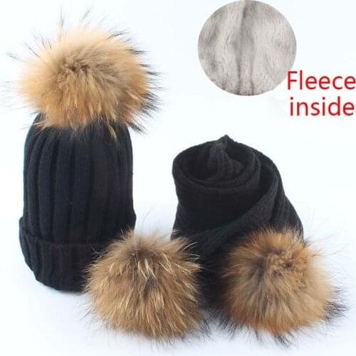 Kids fleece inside beanie knitted hat scarf 2 pieces set baby winter hats for children real fur pom pom hat girls boys