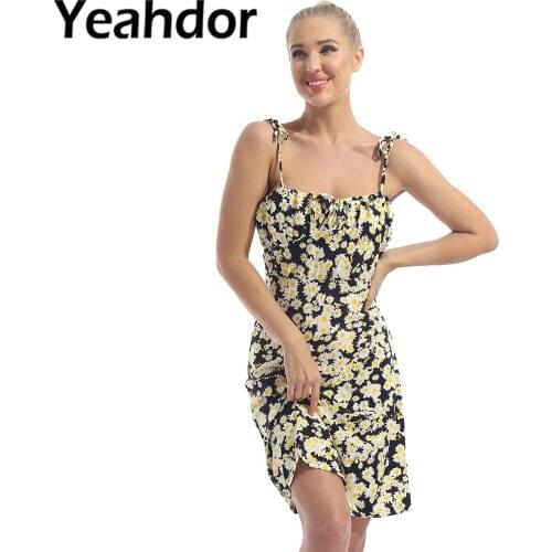 Women Sexy Dresses Streetwear Outfit Chiffon Floral Print Shoulder Straps Self Tie High Waist Knee Length A-line Slim Fit Dress