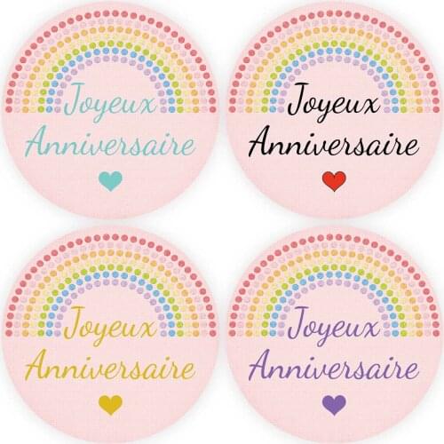 DouxArt 100 Pieces Stickers Joyeux Anniversaire, 4mm Candy Rainbow Birthday Party Decorations Communion Package Seals Labels