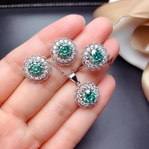 Exquisite glitting moissanite gemstone ring earrings bracelet and necklace jewelry set with real 925 silver round natural gem