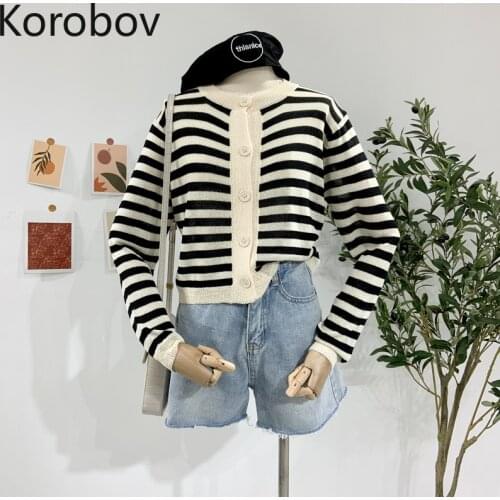 Korobov Autumn New Chic Long Sleeve Striped Women Cardigans Vintage Striped Single Breasted Female Outwear Knit Top Sueter Mujer