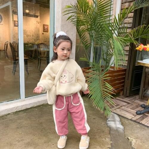 Girls' Western Style Fleece-Lined Suit Winter New Korean Childrens Thickened Sweatshirt Sports Pants Three