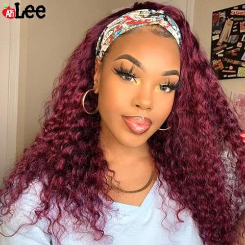 Red Burgundy 99J Headband Wig Human Hair Full Machine Made Kinky Curly Human Hair Wigs Remy Afro Kinky Curly Wig With Headband