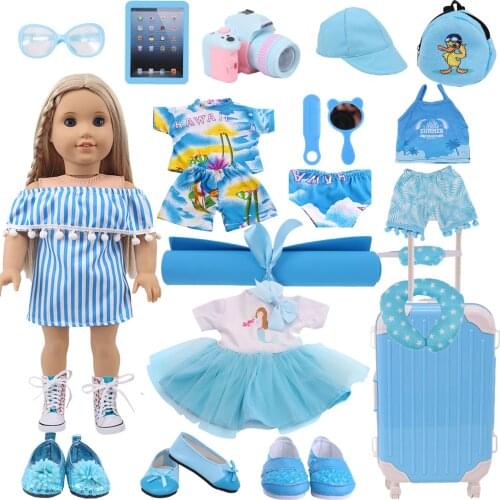 Doll Clothes Blue Series Skirt,Shoes,Suitcase Accessories Fit 18 Inch American Doll&43cm Reborn Baby Girls Toys,Generation Gift