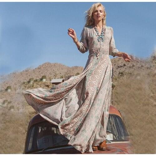 Boho Style Floral Printed Summer Casual Long Dress Elastic Waist Split Long Dress Party Beach Long Sleeve Dresses