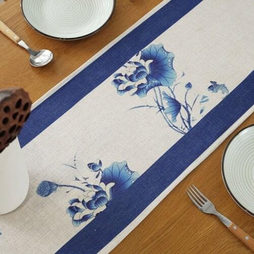 Chinese Style Fishes Lotus Pattern Linen Table Runner High-grade Simplicity Blue Table Flag Dining Table Shoe Cabinet Decor