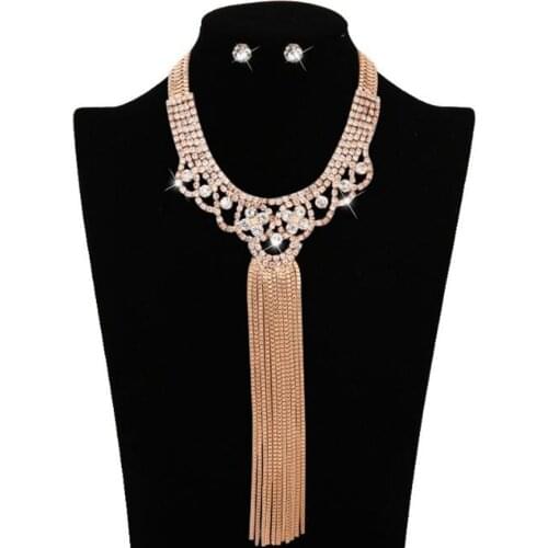 DiLiCa Fashion Rhinestone Chokers Necklaces Long Tassel Pendant Necklace Earrings Jewelry Set Gold Color Necklace