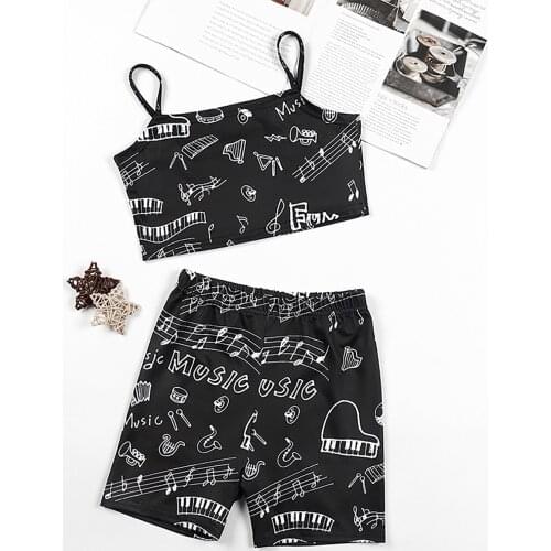 Fashion Kids Girls Two Pieces Set Casual Outfits Musical Note Print Spaghetti Straps Camis Tops Shorts Set Sport Suits Beachwear