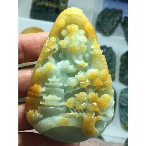 Natural Myanmar jade A HandCarved waterfall landscape guan gong jade pendant jade necklace pendants jewelry jade necklaces woman