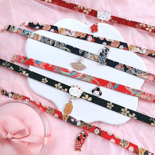 New Classic Japanese Style Ribbon Rope Doll Choker Cute Romantic Women Girls Bird Cat Carp Pendant Short Necklace Jewelry