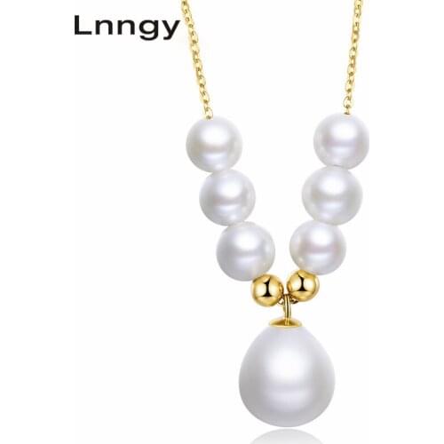 Lnngy 18K Yellow Gold Link Necklace Natural Freshwater Pearl Waterdrop Shape Pendant Necklace Women Jewelry Chain Elegant Gifts