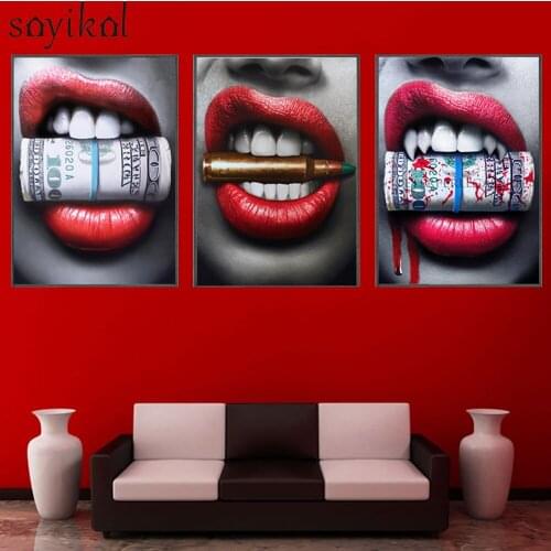 Prints Poster Wall Art Sexy Red Lips Bite Bullet Money Modern Pictures For Living Room Decor Street Art Graffiti Canvas painting