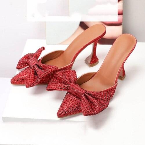 Phoentin 2020 crystal slippers woman super high heel bling rhinestone big bow women shoes pointed toe sexy footwear gold FT1132