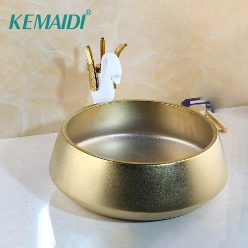 KEMAIDI Luxury Hand-made Ceramic Gold Art Bathroom Wash Sink Sets Bathroom Basin Faucets Swan Shape Tap Deck Mounted Mixer Sets