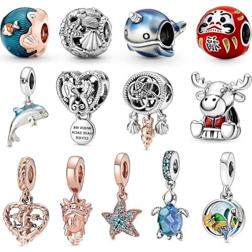 925 Sterling Silver Ocean Dream Catcher Shell Seahorse Narwhal Moose Maple Charms Fit Original Bracelets For DIY Jewelry Beads