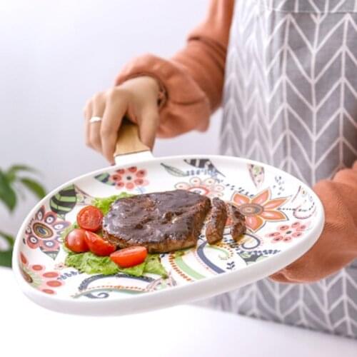 Dinnerware Wooden Handle Ceramic Dish Steak Plate Western Dish Pasta Dinner Plates Dish Tableware