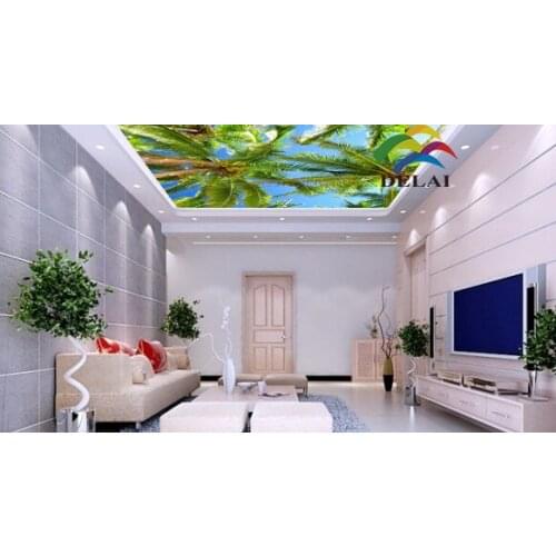 T-1615 Coconut summer tree printing ceiling film overlook blue sky pvc film for for ceiling improvement construction material
