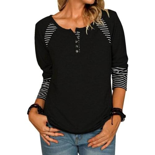 Simple Casual Striped Print Stitching Women T-shirt Long Sleeve Autumn Winter O Neck Buttons Pullover Top Streetwear