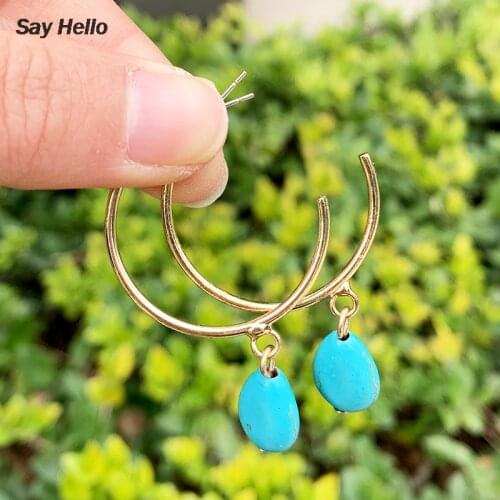 SAY HELLO Boho Turquoises Metal Inlaid Stone Hoop Earrings Delicate Alloy Tassel Dangle Earrings Jewelry Women E10119