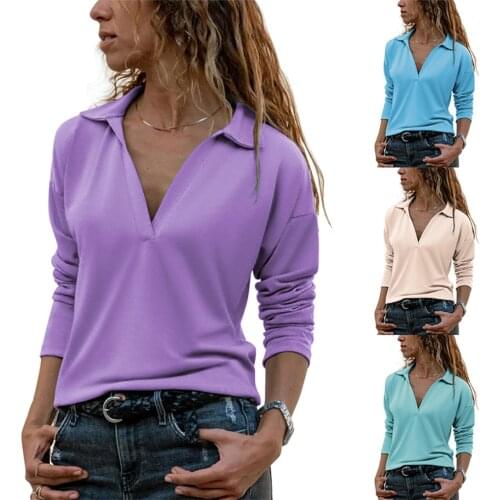 Women New Autumn Winter Long Sleeve Deep V Lapel Neck Pullover Solid Color Blouse Top Pullover