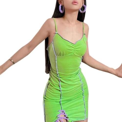 2021 Woman Neon Green Bandage Halter Bodycon Mini Dress Backless Sleeveless Ruched Sexy Lace-Up Female Party Slit Sling Dress