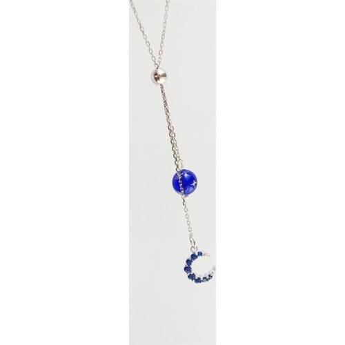 Sole Memory Dark Blue Zircon Moon Tassel Ball Dreamy Adjustable 925 Sterling Silver Clavicle Chain Female Necklace SNE466