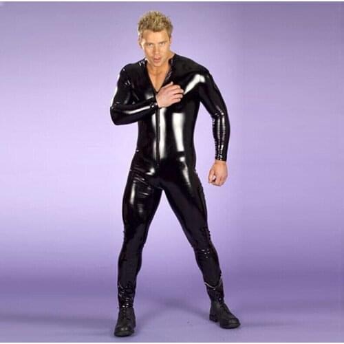 Hot Sale Sexy Men Latex Catsuit Faux Leather Bondage Bodysuit Leotard Unitard Fetish Costumes Erotic Lingerie Plus Size